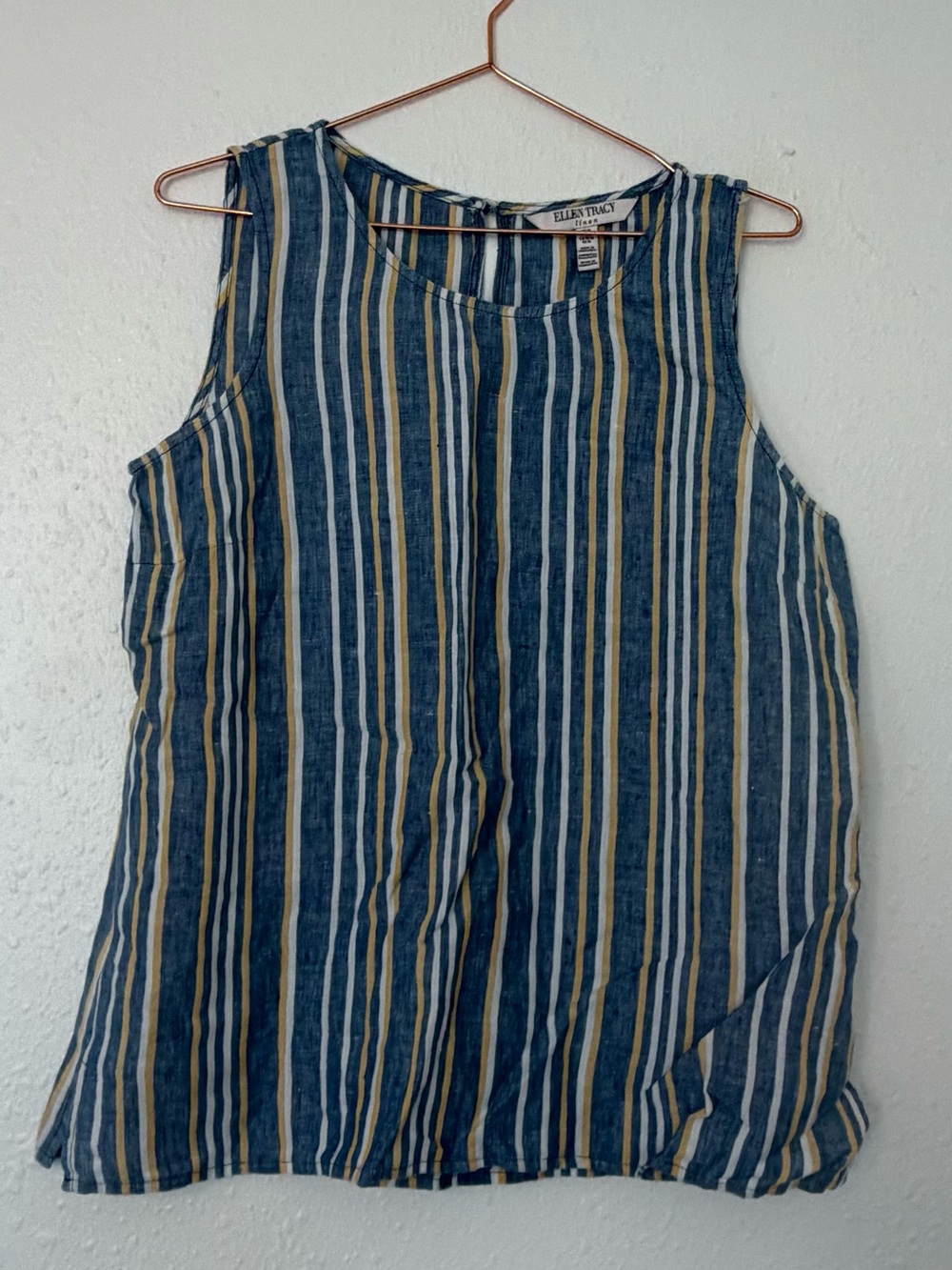 Ellen Tracy Navy Blue Striped Tank with Cream linen